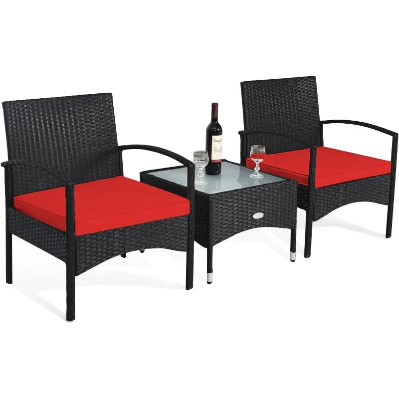 3 Pieces Patio Wicker Rattan Furniture Set, Rattan Chair with Coffee Table, High Load Bearing Chair Conversation Sets for Patio