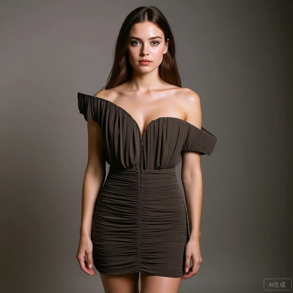 Brązowa sukienka mini z odkrytymi ramionami, szyfonowa, damska odzież Ever Pretty, dopasowana sukienka bodycon, szyta na miarę odzież damska, marszczenia, rozmiar plus size.
