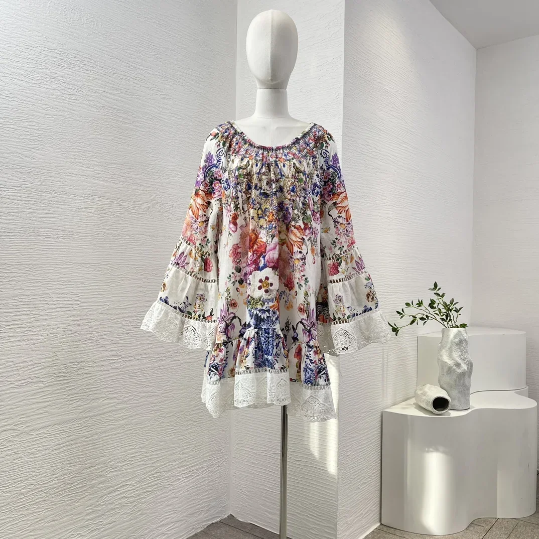 

Cotton High Quality 2024 New Women Floral Print Flare Sleeve Diamonds Off The Shoulder Lace Patchwork Loose Vintage Mini Dress