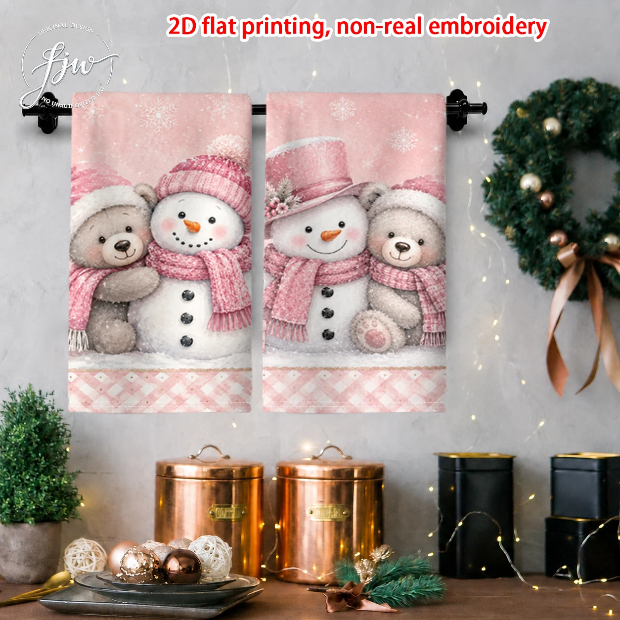 2pcs Christmas Pink Winter Kitchen Towel Set 2PCS Vintage Xmas Snowman Bear Printed Dish Towels for Holiday Home Decor