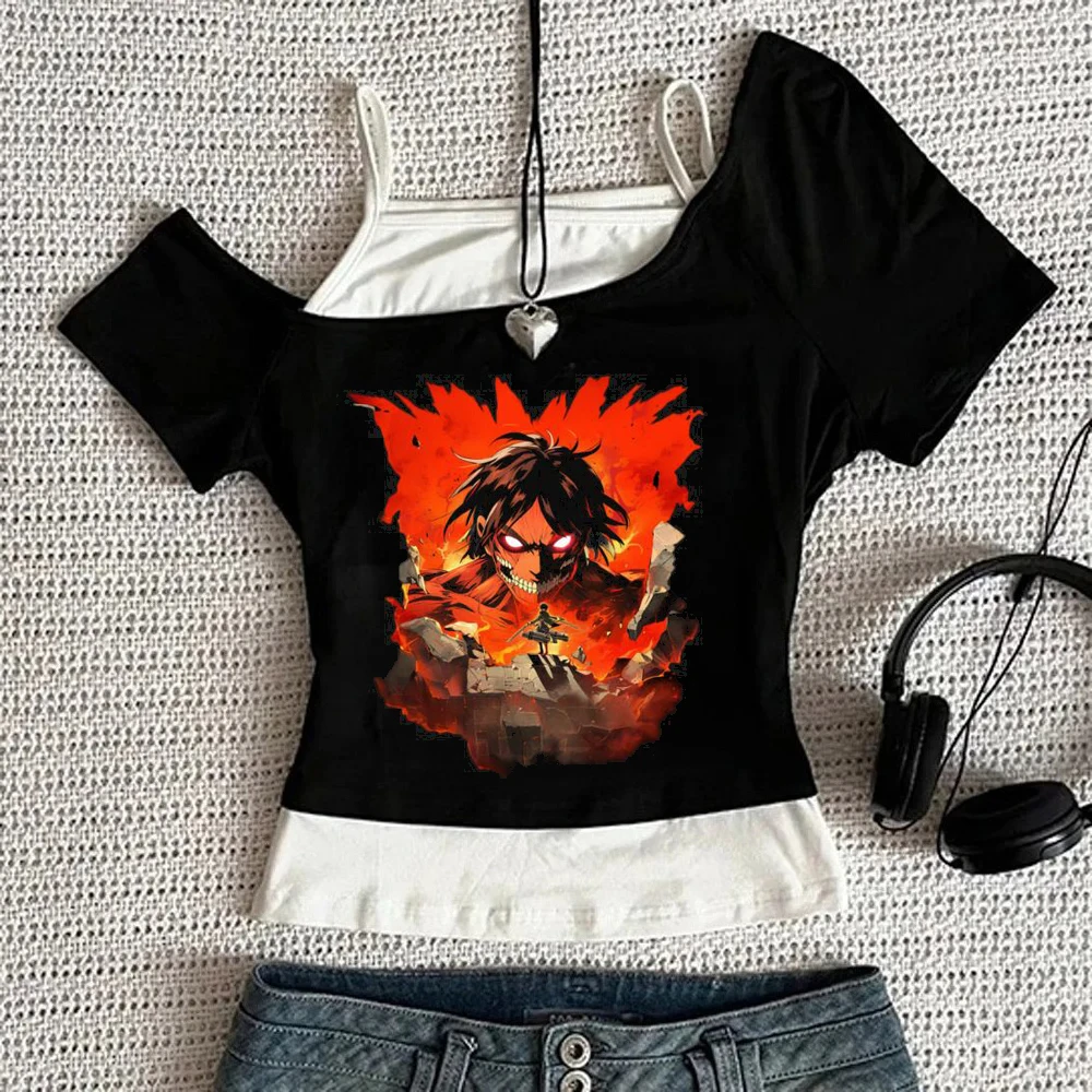 Attack on Titanic crop top ladies manga scene  2000s streetwear meme tshirt gothic harajuku baddie emo vintage