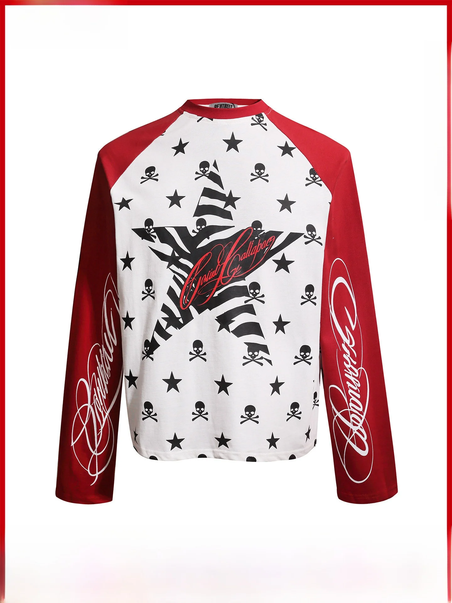 GPstudio Skull And Star Contrast Color Block Long Sleeve Short T-Shirt Men's Dark Design Slim Fit Shoulder Insert T-Shirt