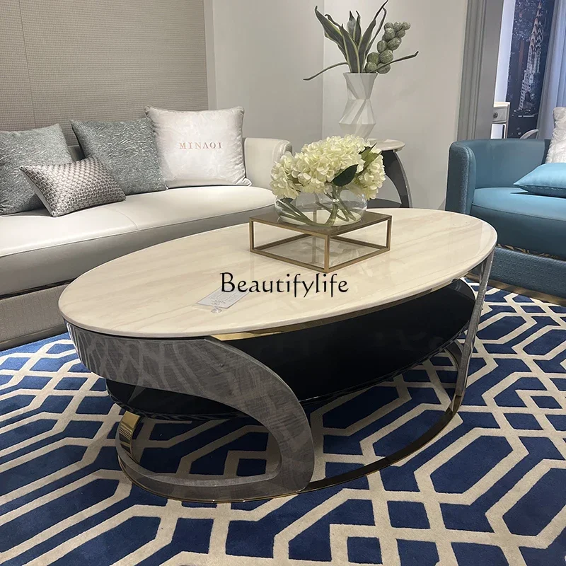 

01 Italian light luxury marble coffee table villa living room oval coffee table TV cabinet