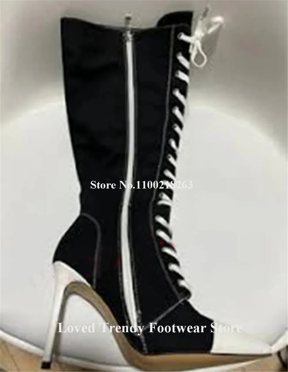 Newest Black-white Patchwotk Stiletto Heel Over Knee Boots Sexy Pointed Toe Lace-up Thin Heel Long Boots Big Size Heels