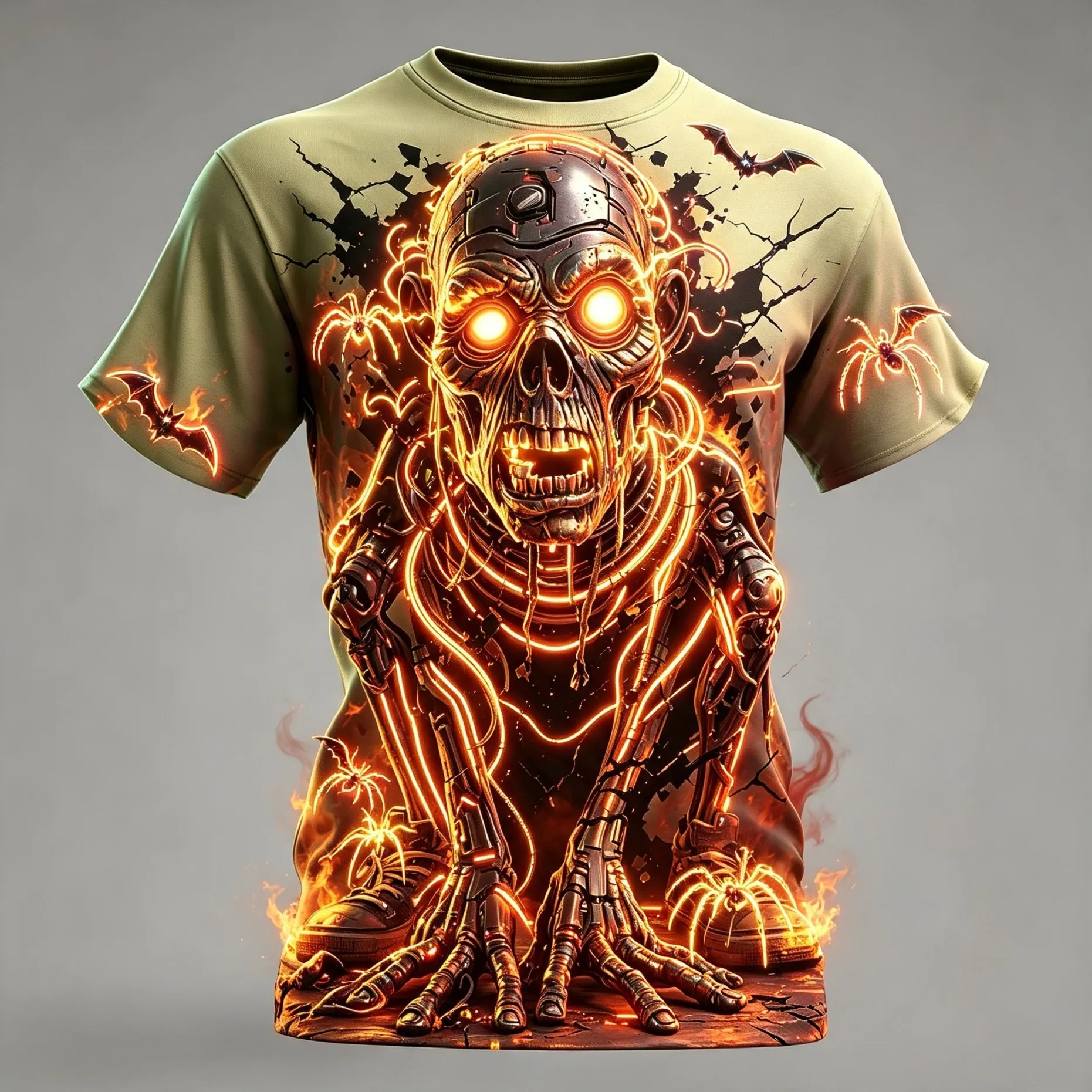 Men Fiery Mechanical Zombie Skull Spider Bat Crack Print Crew Neck Short Sleeve Oversized Punk Gothic Street Casual Top for Men