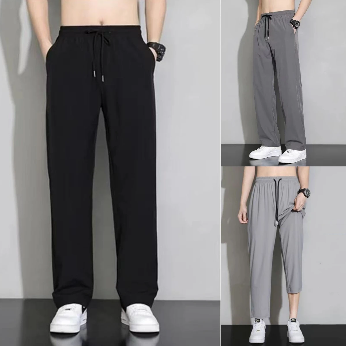 Pantalones de chándal de secado rápido de seda de hielo para hombres, pantalones de Joggers, Pantalones rectos de cintura elástica, pantalones de chándal con bolsillo, pantalones de entrenamiento de Fitness