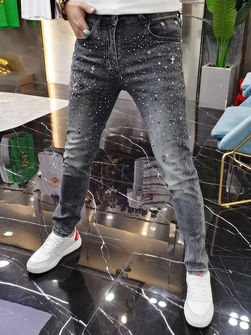 2024 Autumn New Fashion European Jeans Light Gray Men‘s Heavy Embroidery Hot Drilling Casual Slim Handsome Skinny Trousers