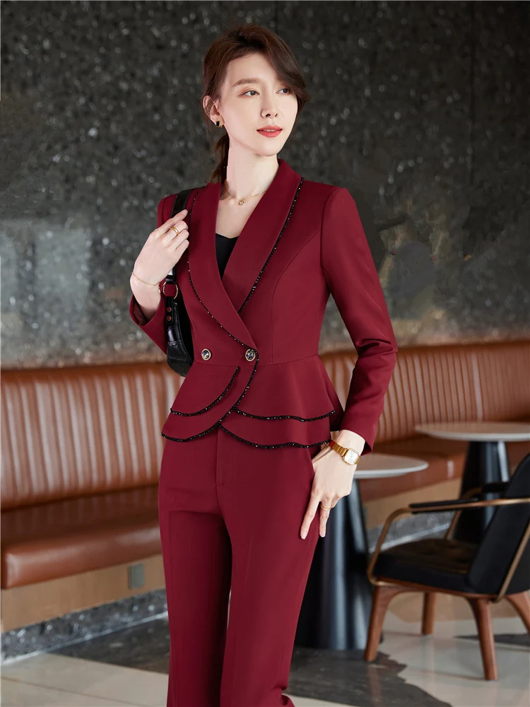 Women\'s pants suit Spring Autumn Office Ladies Elegant Blazer Trousers 2 Pieces of Sets Female Wine Red  Trouser Suits