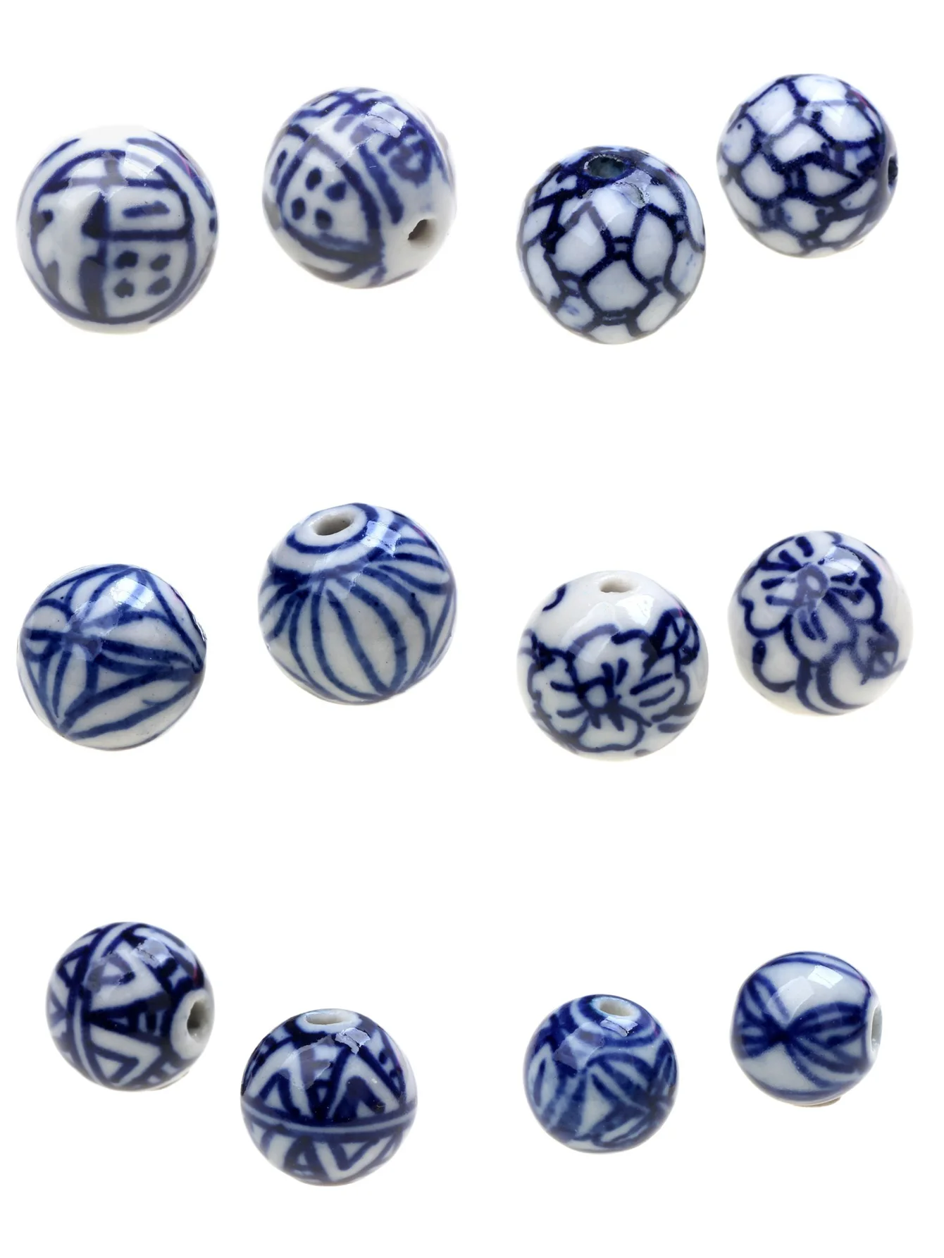 6Pcs/Lot Ceramic Loose Bead DIY Hand String Jewelry Accessory Material 8-15mm Circular Hand-Painted Bue And White Pattern