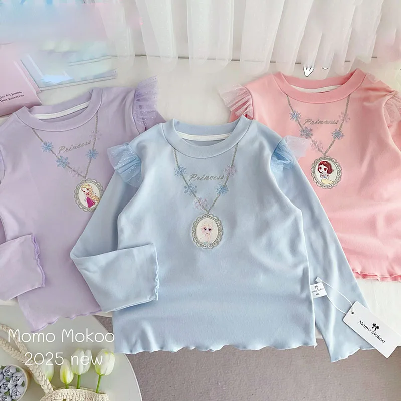 

Бархатная футболка для девочек, новинка 2025 года, детские топы с длинными рукавами с мультяшным принтом, осень-зима, повседневные теплые базовые футболки с круглым вырезом