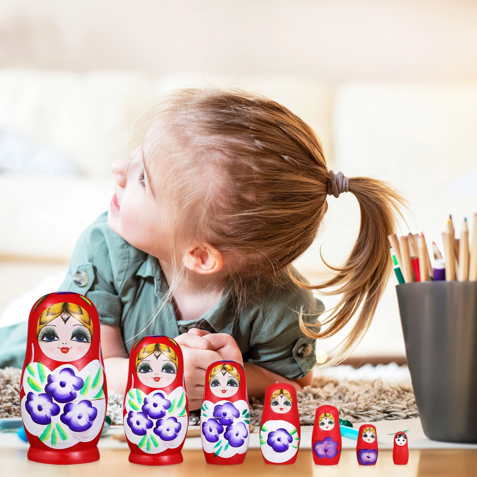 7 buah hiasan minyak tujuh lapis boneka Matryoshka mainan anak ornamen Rusia