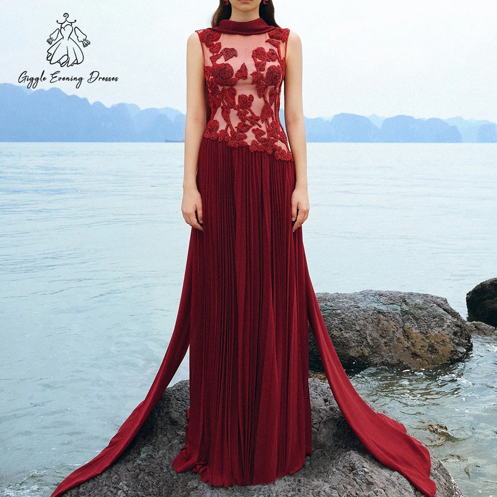 

Luxury Red Evening Dress High Neck Sleeveless Beaded Crystals Floor-Length Draped Formal Gown Party Prom Dresses Customized