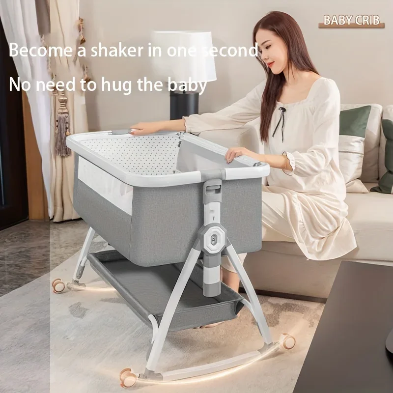 Baby Crib Portable Movable Foldable Height Adjustable Splicing Large Bed Multifunctional Baby Bedside Swing Cradle, Sleeping Bed