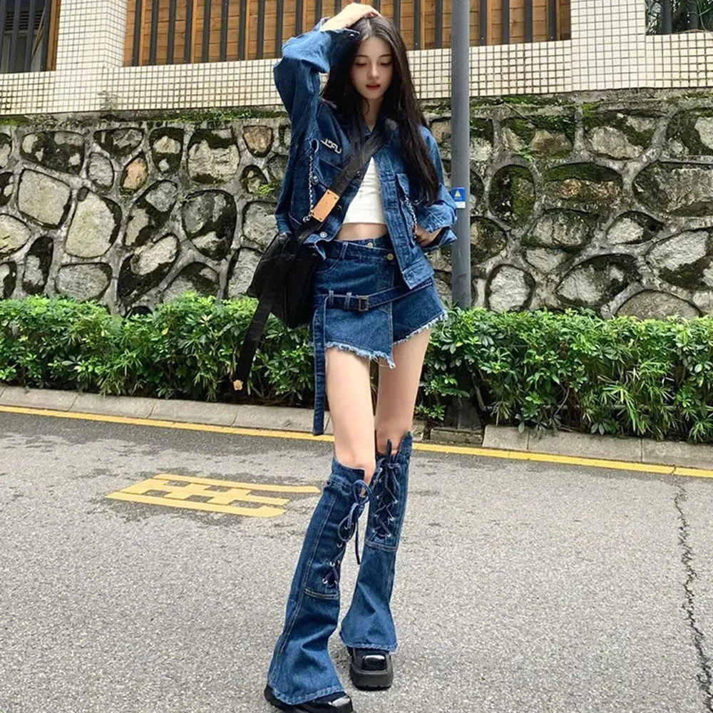 y2k Fashion Cowboy Women 3-piece Pants Set Cropped Jacket Coat Belted Denim Shorts Mini Skirt Skorts Leg Warmers Vintage Clothes