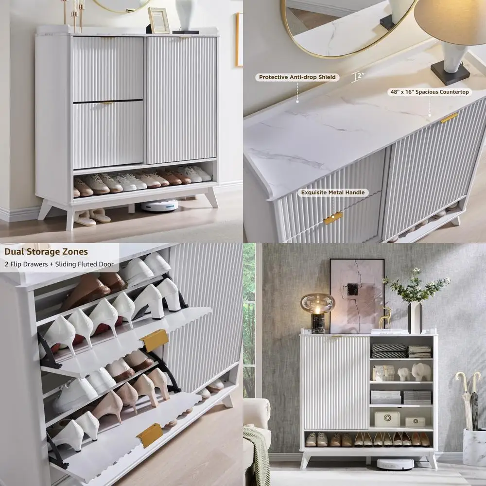 

Freestanding Shoe Organizer Cabinet with Flip Drawers and Sliding Door, 47 Wide Storage for Entryway Hallway