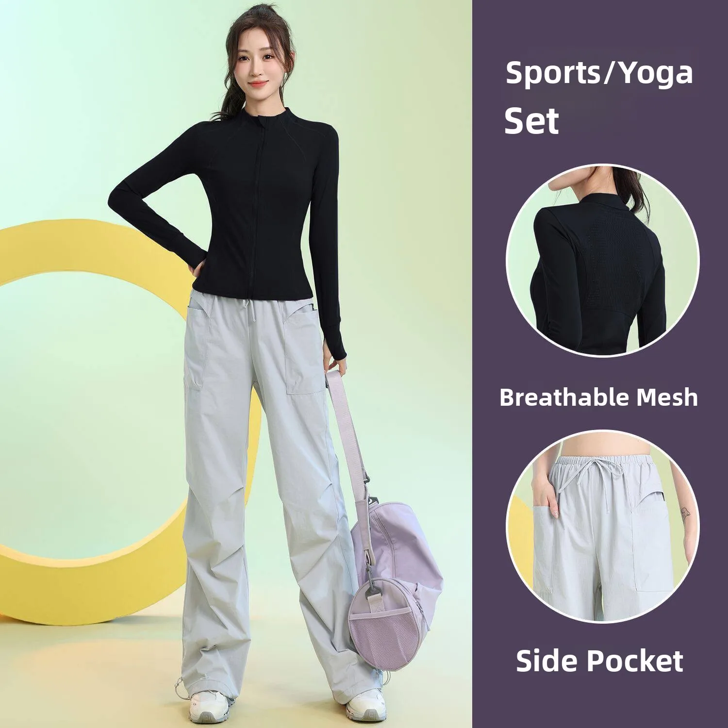 

Women's Fitness Outfit Quick Dry Long Sleeve Loose Breathable Sportswear Two-Piece Set Polyester Fiber Nylon Trousers