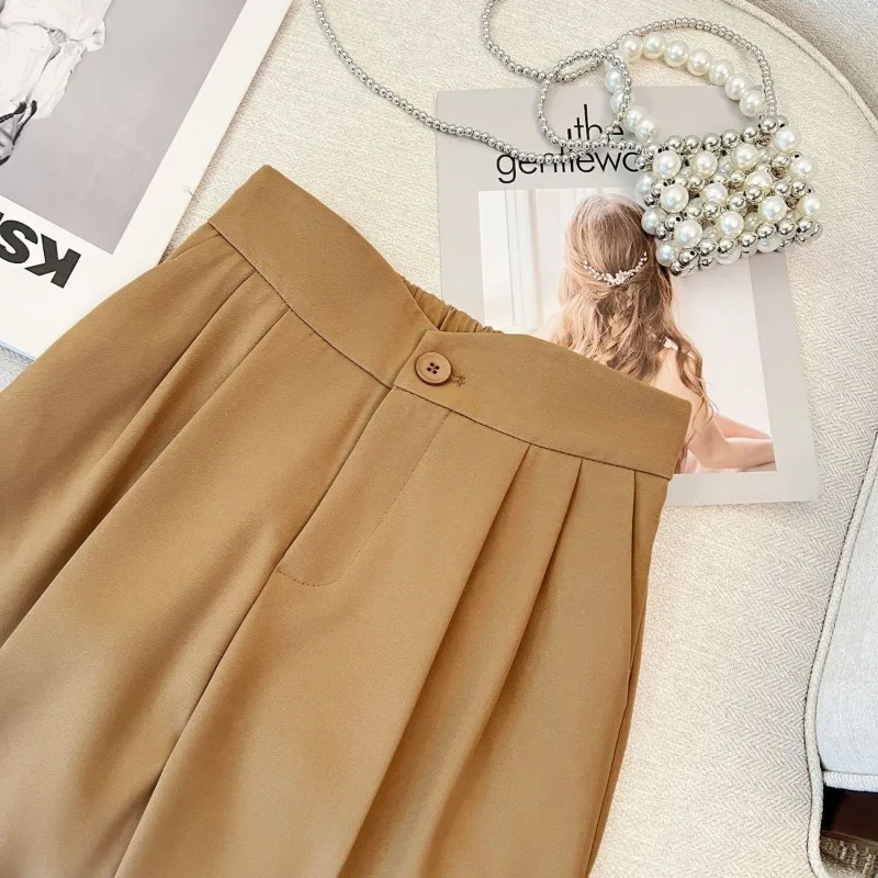 Spring and Autumn Women's Solid Color Elastic Loose Plus Size Halun Pants High Waist Pockets Button Fashion Casual Trousers