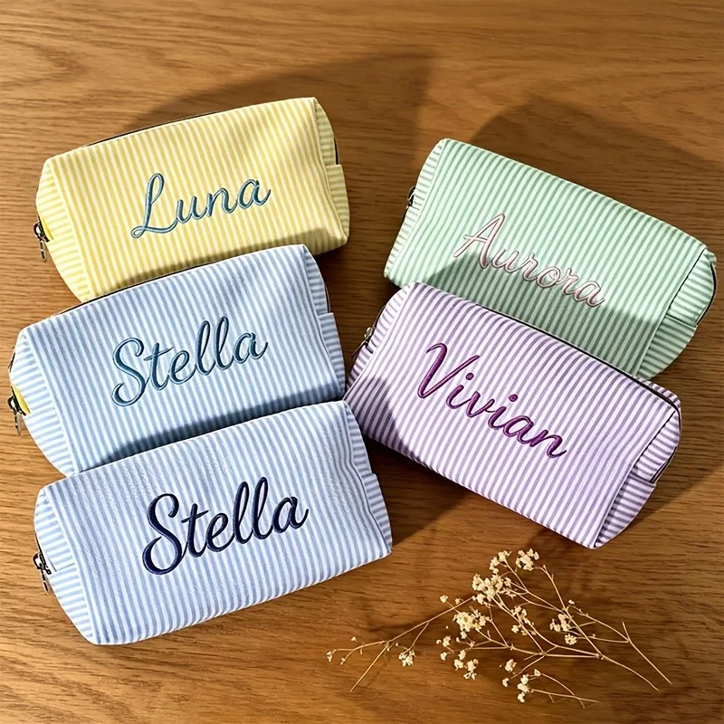 【Customized Products】 Embroidered Custom Luggage Organizer, Personalized Embroidered Makeup Bag - Custom Name Stripe Cosmetic Storage Bag, Customizable Embroidered Name Stripe Makeup Bag, Large Capacity Seersucker Toiletry Bag, Portable Skincare Storage Bag for Travel, Macaron Color Makeup Brush Organizer, Student Pencil Case Multifunctional Storage Bag, DIY Personalized Name Embroidery for Girlfriends, Multiple Colors Available