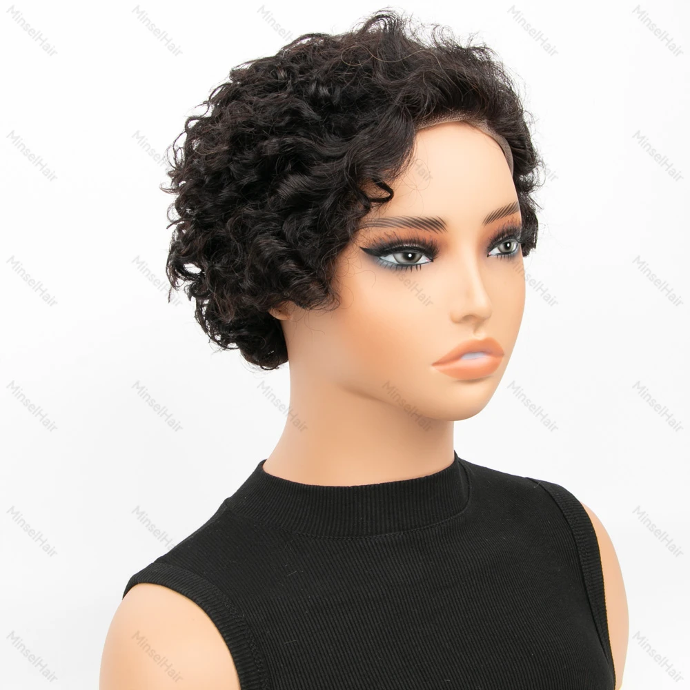 Peluca Frontal de encaje HD 13x1, pelucas rizadas con corte Pixes, cabello humano hinchable, 180% de densidad, 6 pulgadas, pelucas cortas rizadas prearrancadas de moda