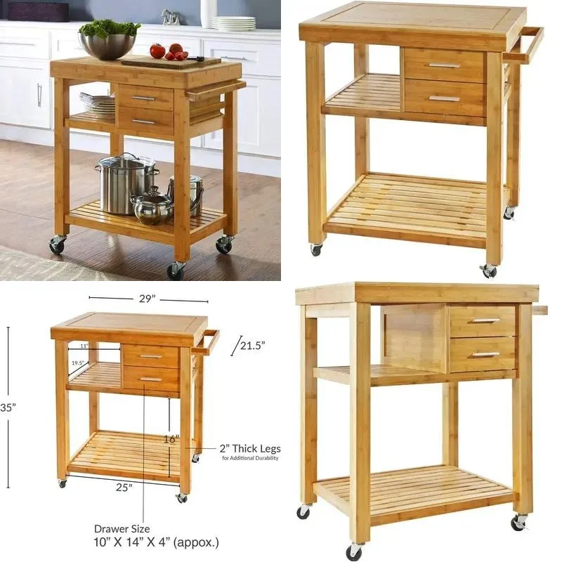 Solid Wood Natural Bamboo Antique Kitchen Island Cart with 2 Drawers Mobile Storage Service Trolley for Restaurant Eco