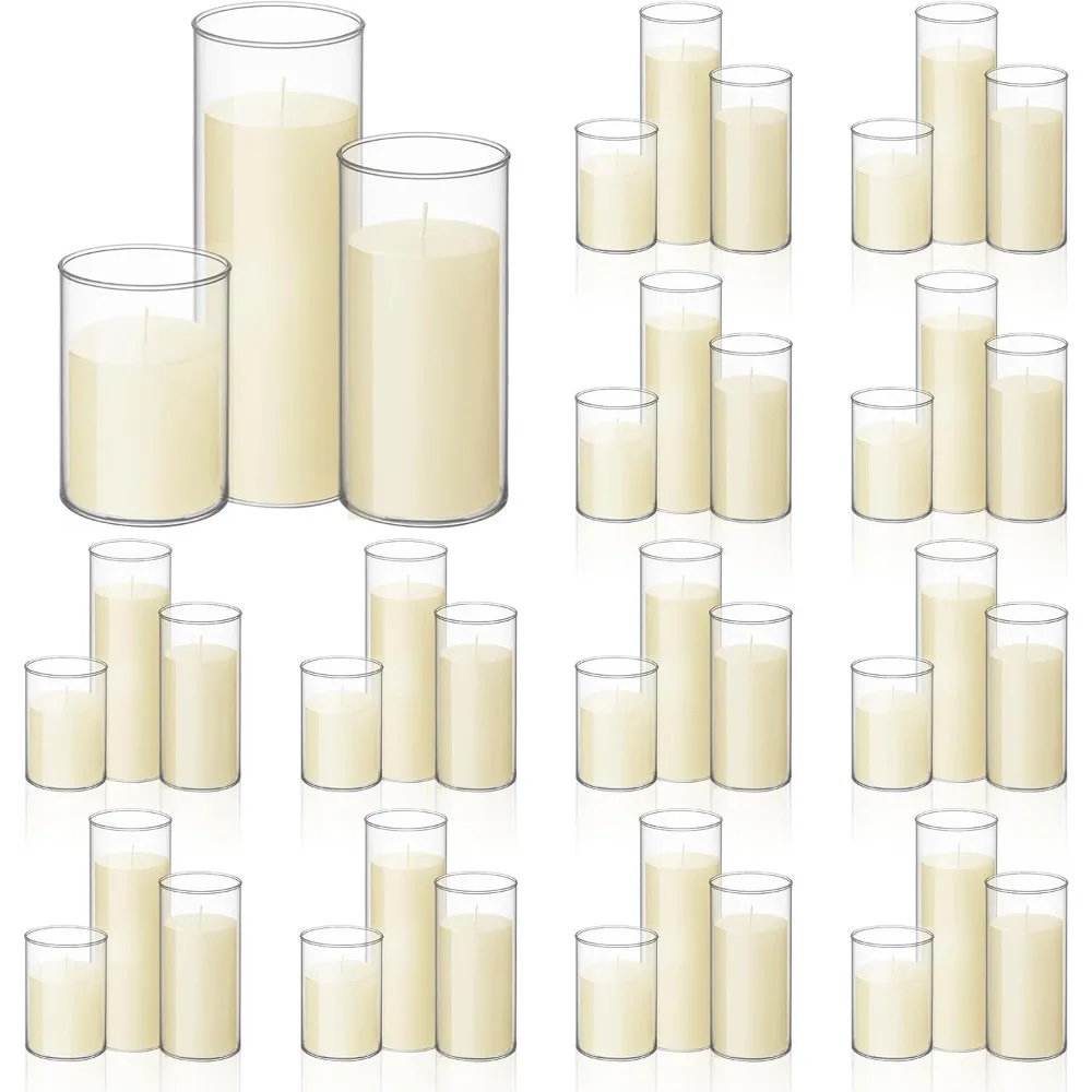 Set of 36 Pillar Candles and Glass Cylinder Vases Clear Cylinder Candle Holders for Slim Pillar Candles(3.4'' X 4.7