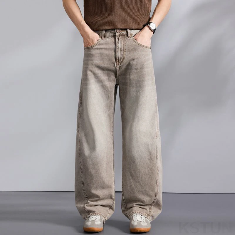 KSTUN 2026 Men's Loose Straight Jeans Wide-leg Trousers ‌Curved Blade Jeans Khaki Denim Pants Male Baggy Pants Patched Vintage