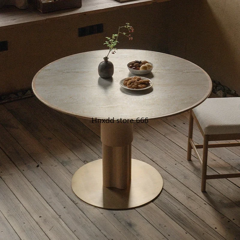 Solid wood rock slab dining table round table living room home light luxury