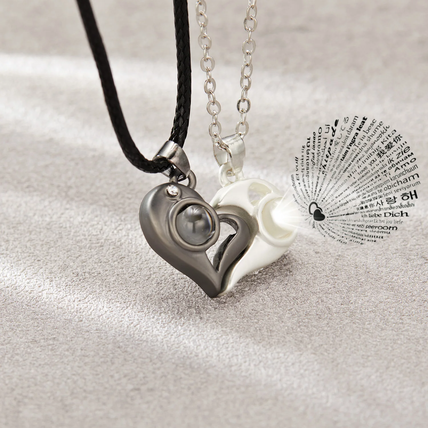 2Pc Magnetic Couple Necklace Set Distance Heart Matching Projection Pendent 100 Languages I Love You Lovers  Necklace Jewelry