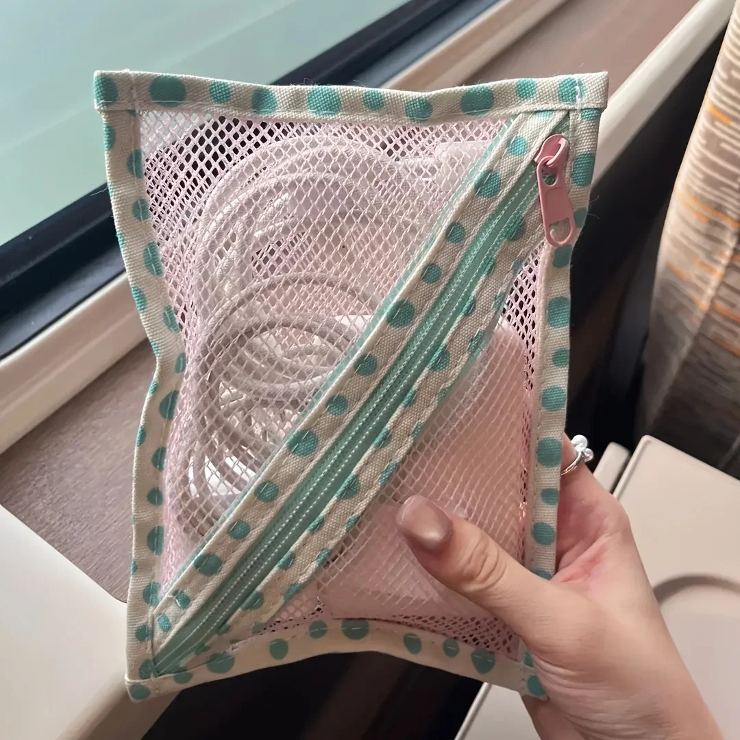 Mint Green & Pink Polka Dot Clear Mesh Storage Bag - Large Capacity,Lightweight Breathable Ideal for Travel,Commuting