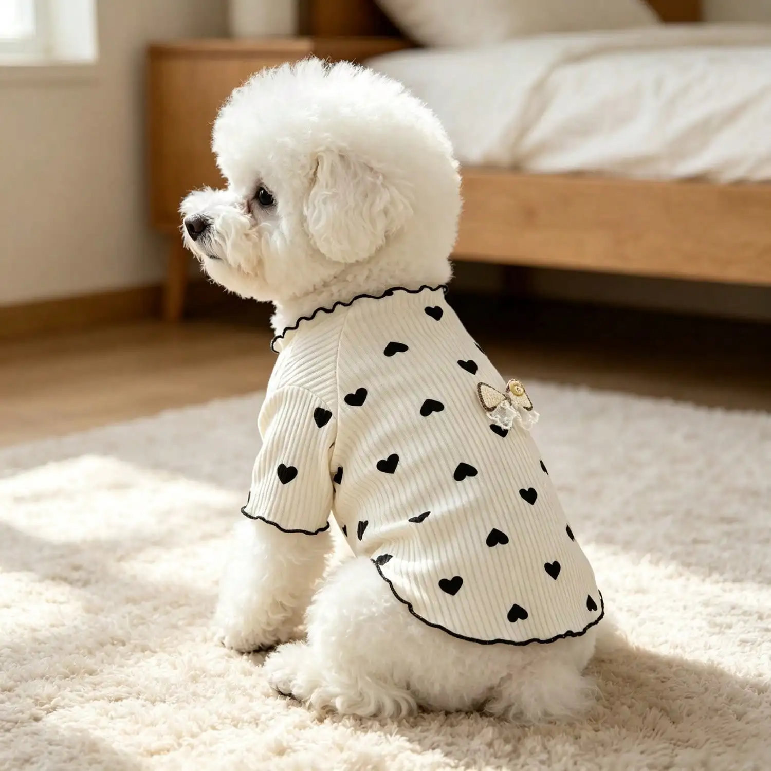 1 Stück geripptes Oberteil mit Herzmuster für kleine Hunde mit Spitzenschleife, lässiges Haustier-Shirt – Detail 1