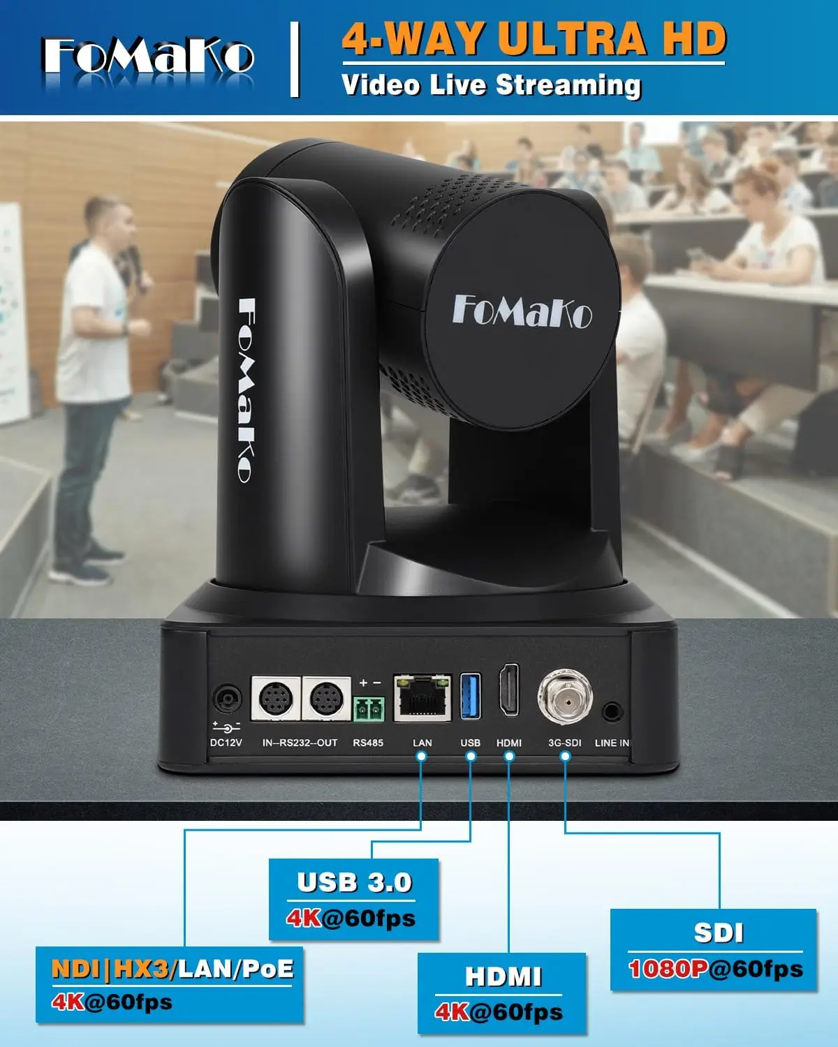 K800N 4K NDI PTZ Camera,Support NDI HX3 4K 60fps Video Output,20x Optical Zoom, AI Auto-Tracking,for Church Worship Live Service