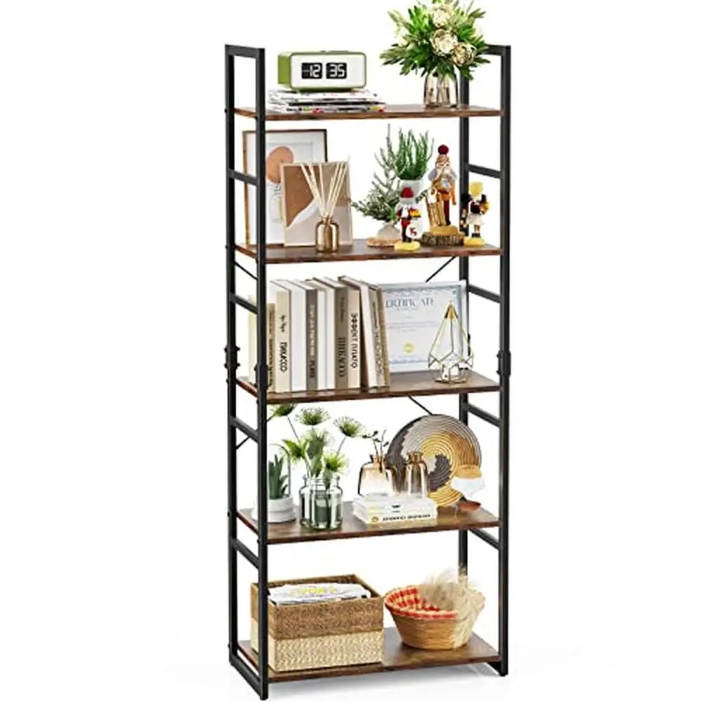 

5-Tier Bookshelf Farmhouse Display Rack Rustic Standing Shelf Barrister Bookcase Living Room Office Kitchen Sturdy Metal Frame