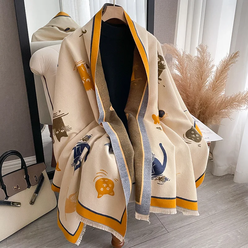 Winter Sweet Cartoon Cat Cashmere Feel Scarf Shawl Women Long Cape Warm Neckerchief Wraps Soft Comfort Muffler Double Sides