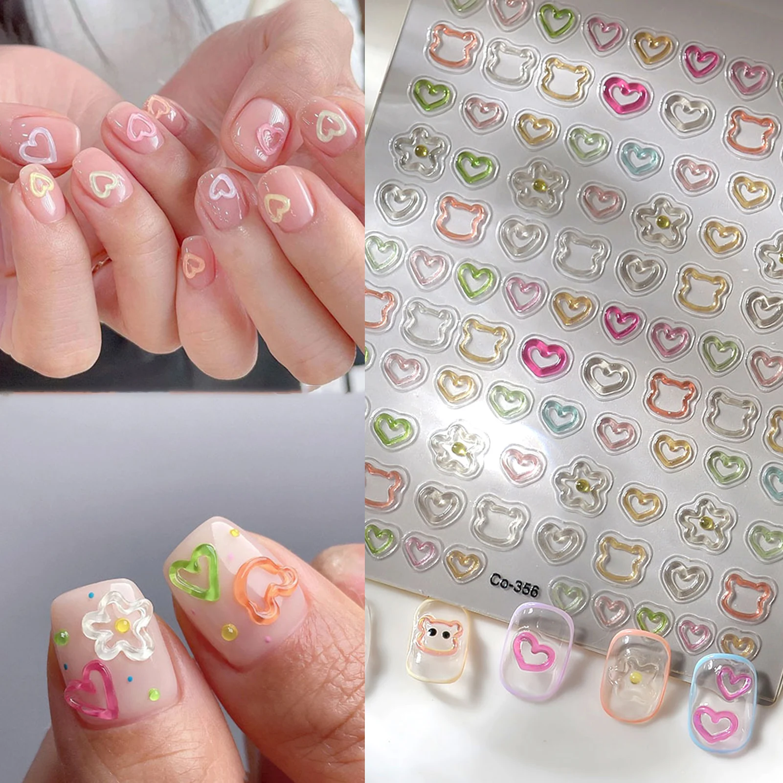 1 Sheet Embossed Nail Stickers Candy Color Hollow Bear Heart Flower Nails Decals Self-Adhesive Nail Art Sticker for Manicure