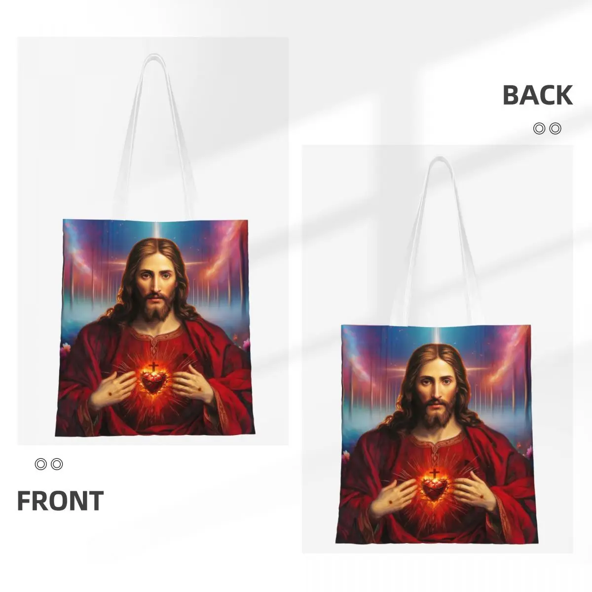 Holy Jesus Christ Sacred Heart Canvas Tote Handbag Religious Catholic Saint Grocery Bags Shopper Bags for Women