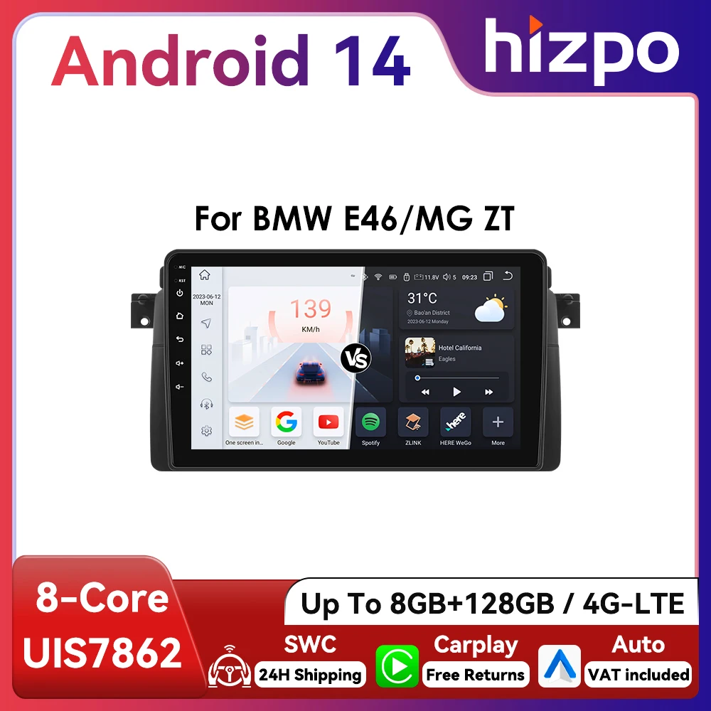 Hizpo 9inch CarPlay Android Auto Radio for BMW 3 Series E46 M3 318 320 325 330 335 1998 - 2005 BT 4G RDS DSP GPS Navigation