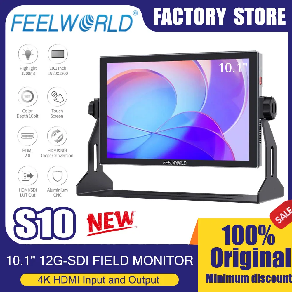 

FEELWORLD S10 10-дюймовый 12G SDI HDMI2.0 монитор для камеры с высокой яркостью 1200 нит, сенсорный экран, разрешение 1920x1200 пикселей