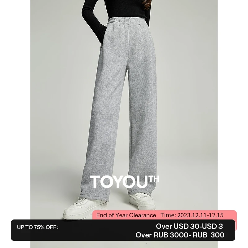 

Toyouth Women Plush Thicken Sweatpant 2023 Winter Elastic Waist Straight Loose Wide-leg Trousers Casual Gray Black Warm Pants