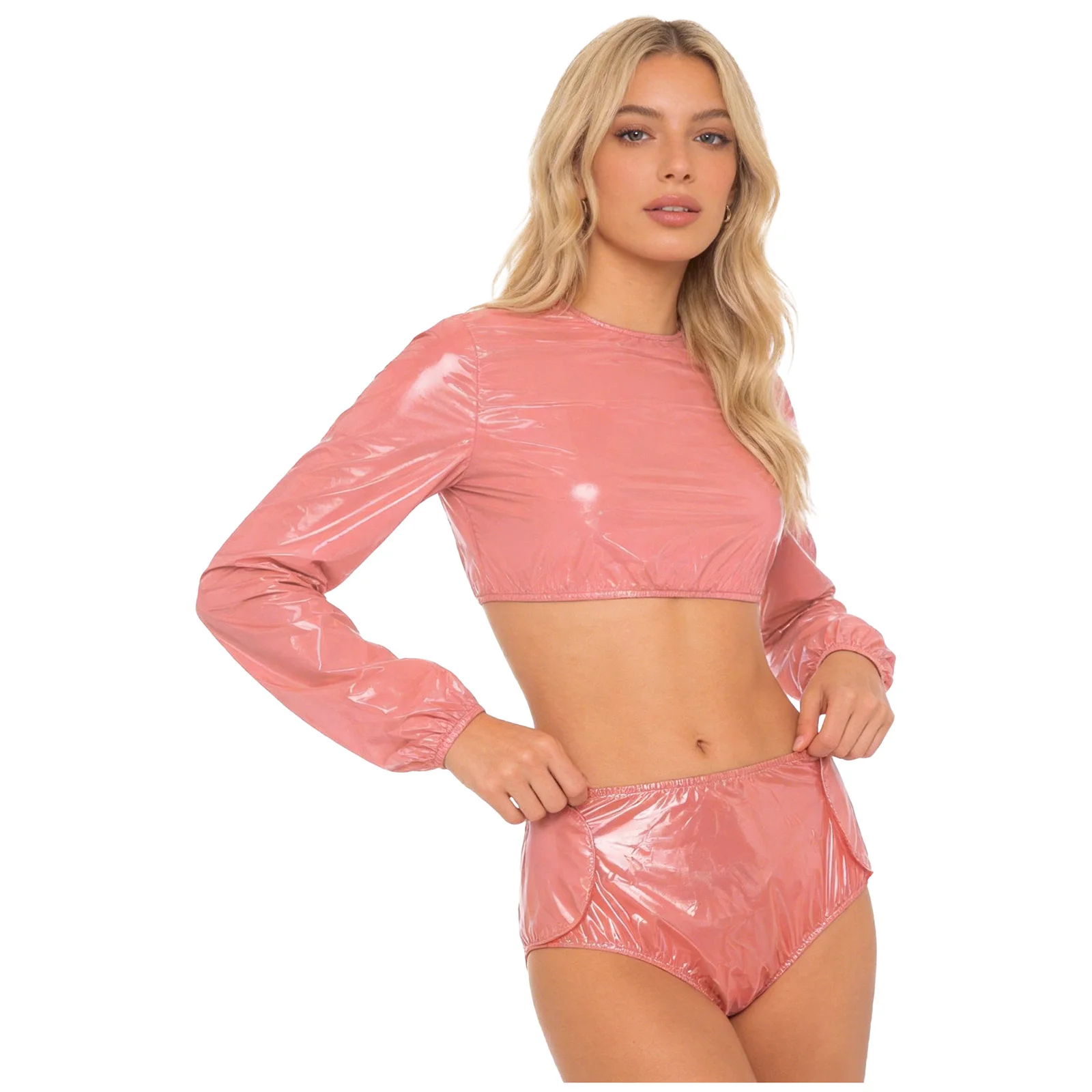 Womens Swimsuit Waterproof Vinyl Long Sleeve Crop Top with Diaper Cover Shorts Briefs Adaptive Clothing Beach Swimwear Clubwear