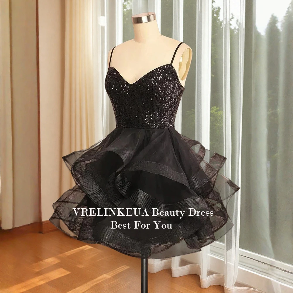 

Black Sequin MIni Graduation Dress A LIne Ruched Short Homecoming Dresses For Teen Customized Sweet 15 16 Wedding Cocktail Gowns