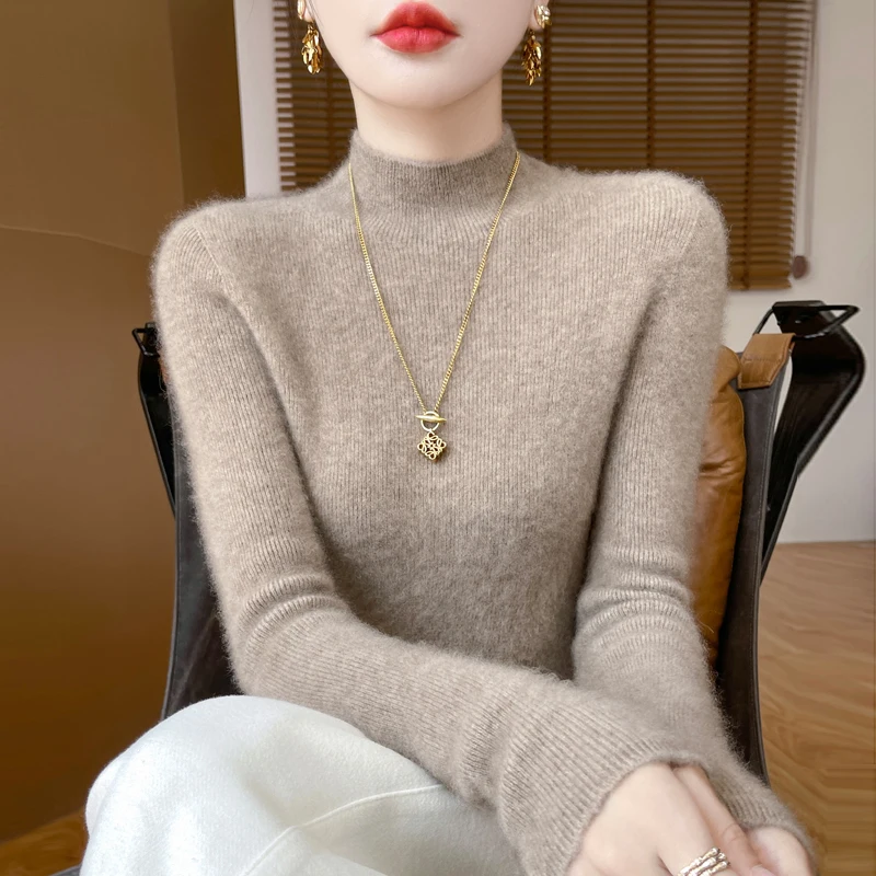 

2025 модный свитер из 100% мериносовой шерсти, женская одежда, вязаный свитер, облегающий пуловер с полувысоким воротником и длинными рукавами, базовый свитер