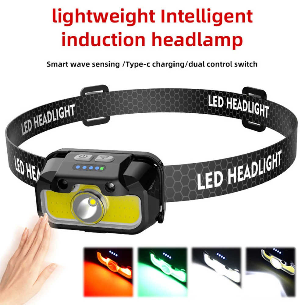 LED Motion Sensor Headlight with White Red Green Bright Head Lamp Adjustable Powerful Headlamp Torch for Running Jogging Fishing