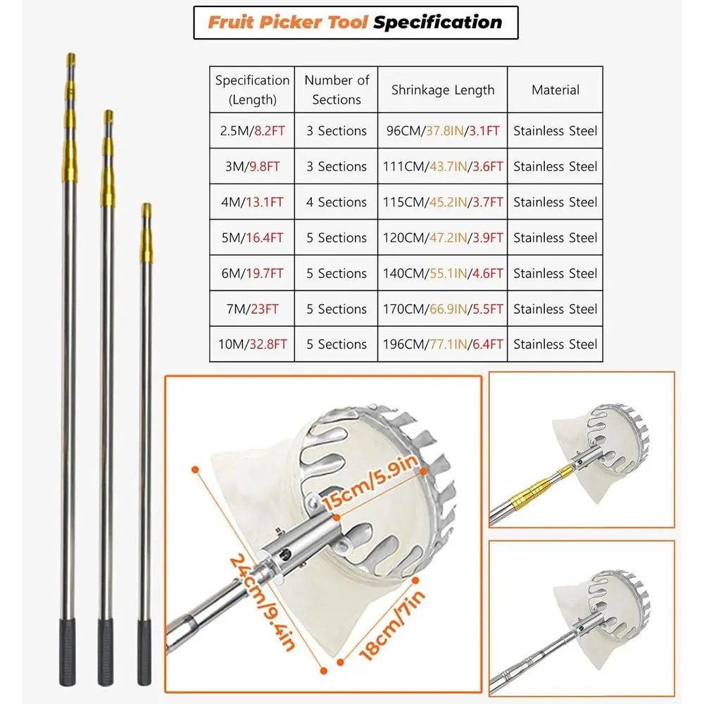 เครื่องมือเก็บผลไม้แบบยืดได้พร้อมถุง - 3 เมตร/9.8 ฟุต, เสาแบบยืดได้น้ำหนักเบาสำหรับเก็บผลไม้ตระกูลส้ม, ลูกพีช, แอปเปิ้ล