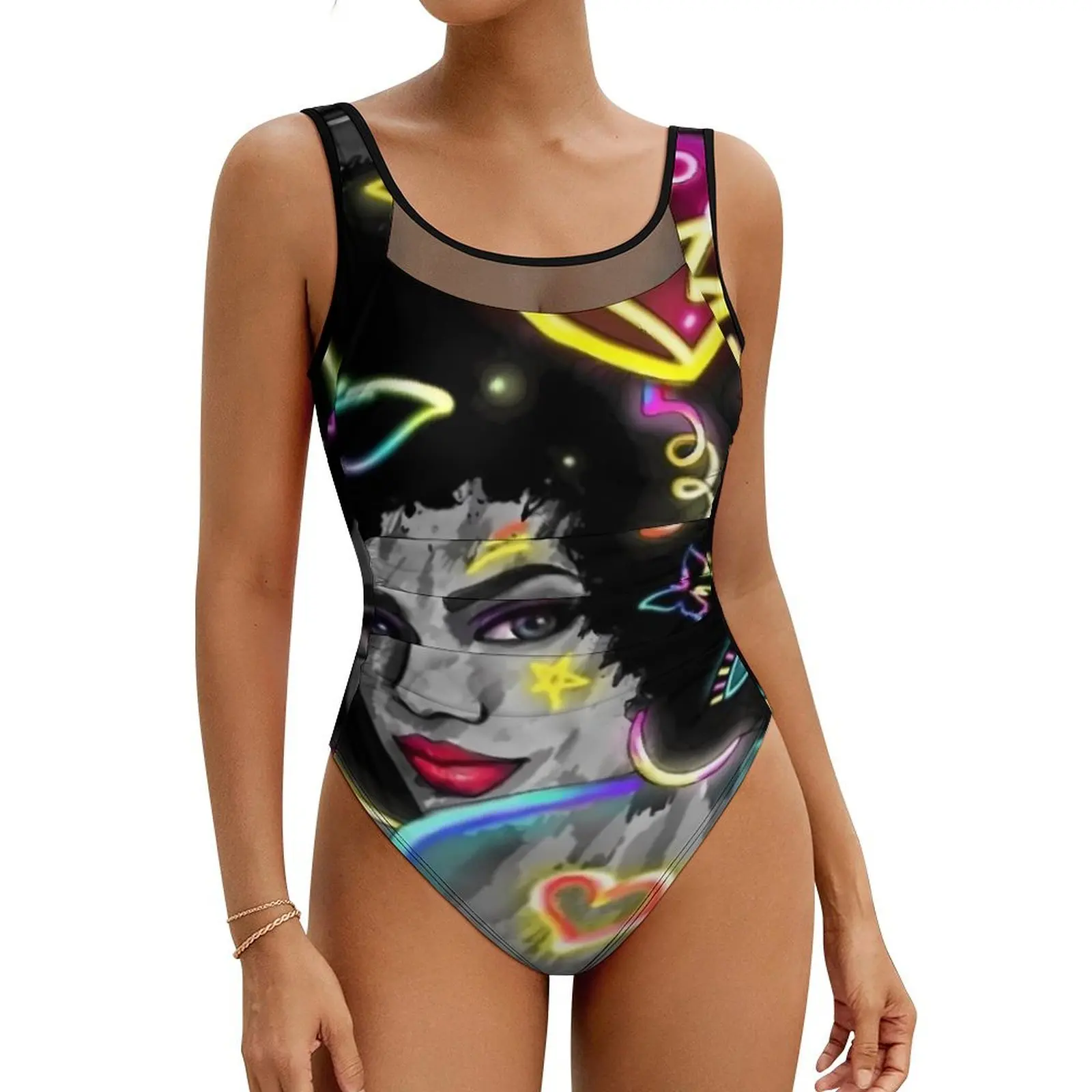 Abstract Ladies Swimsuit Sexy Pretty Afro Girl Woman Swimwear One-Piece Kawaii Bodysuit Beach Push Up Cut Out Bathing Suits