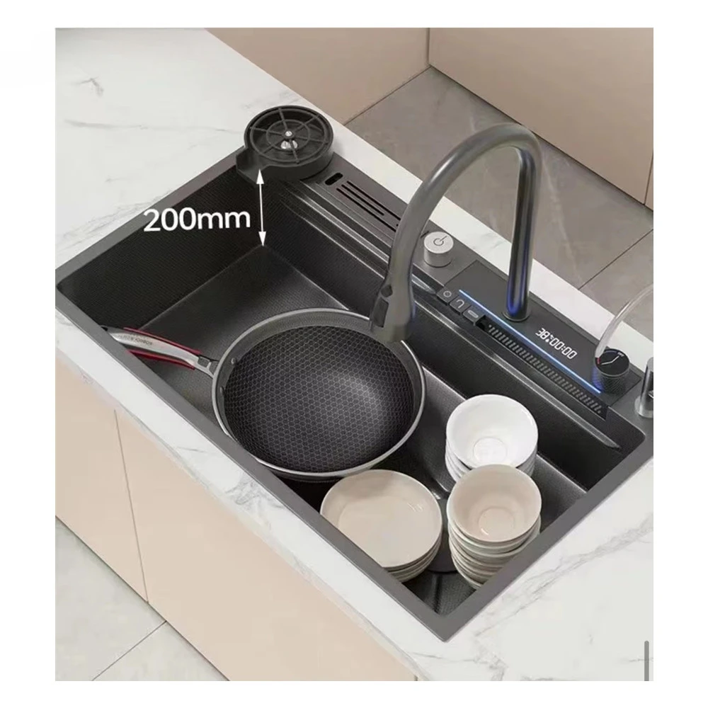 Hot Sale  Waterfall Faucet 304 Stainless Steel Single Slot Bionic Honeycomb Black Kitchen Sink with Led  Digital Display