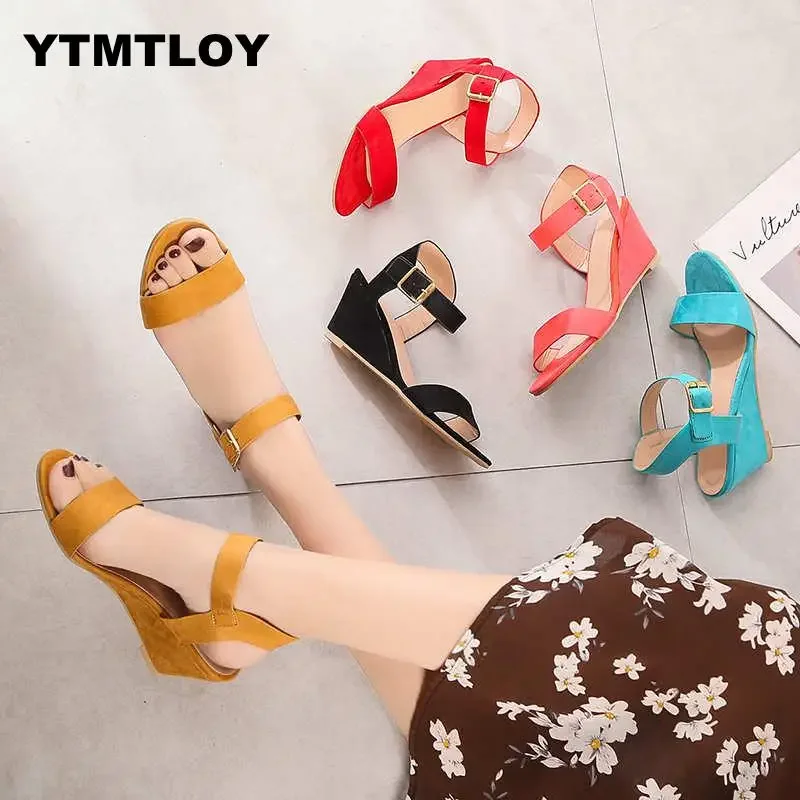 2024 New Summer Women\'s Sandals Fashion Buckle Shoes Open Toe Wedge Casual Shoes Women Plus Size 43 Candy Color Sandals Women