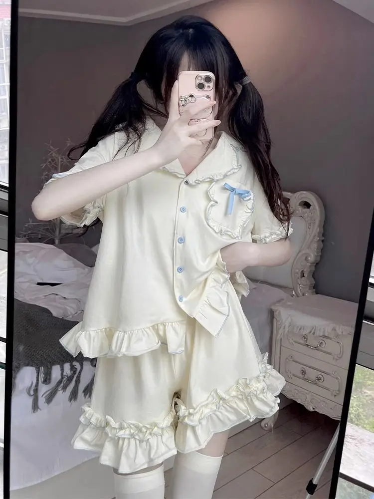 Sweet Sleepwear Women Pajama Sets Lingerie Short Sleeve Cardigan Shorts Princess Japanese Loungewear Kawaii Ruffles Pajamas