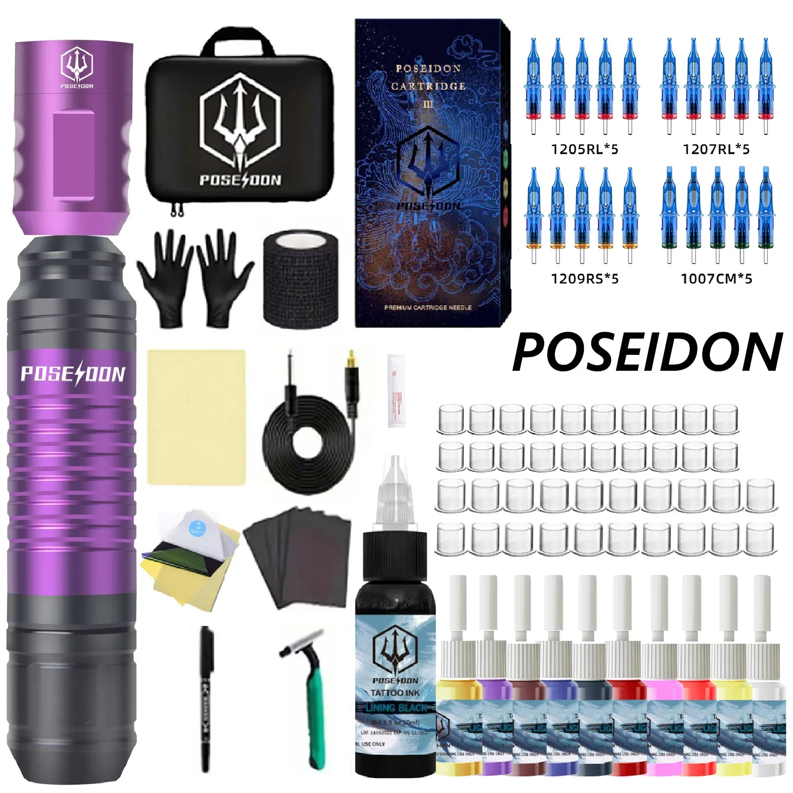 

Tattoo Kit POSEIDON Ink Tattoo Gun Kit For Permanent Makeup Tattoo Machine Purple Wireless Tattoo Power Supply Tattoo Pen Kit