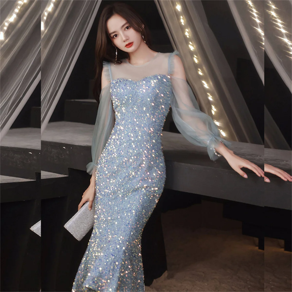 

Luxury Sequins Evening Dress Female Banquet Temperament High-end Mesh Splice Long Sleeve Slim Bpdycon Fishtail Dress For Women