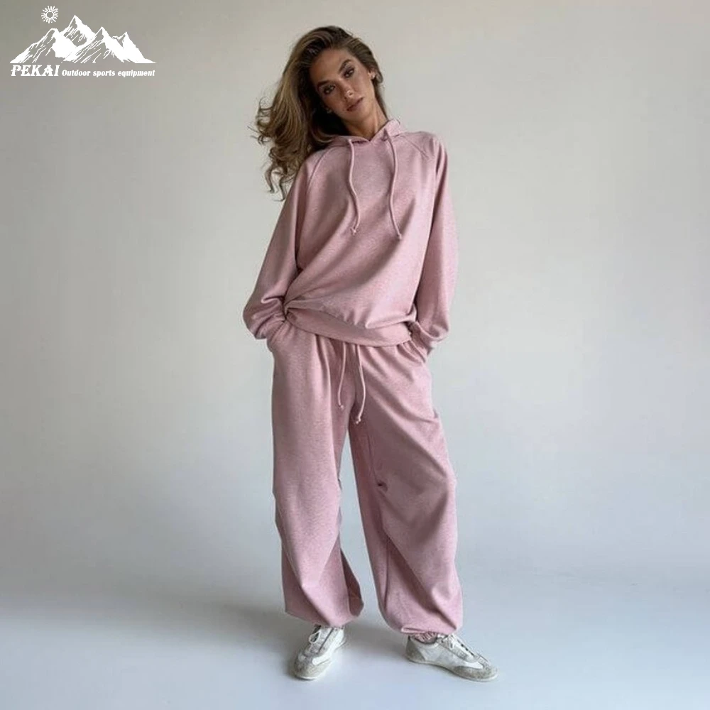 

Комплект толстовок с капюшоном для женщин EuropeAmerica, осенне-зимний мягкий липкий комплект с рукавами реглан, повседневный комплект с длинными брюками для женщин